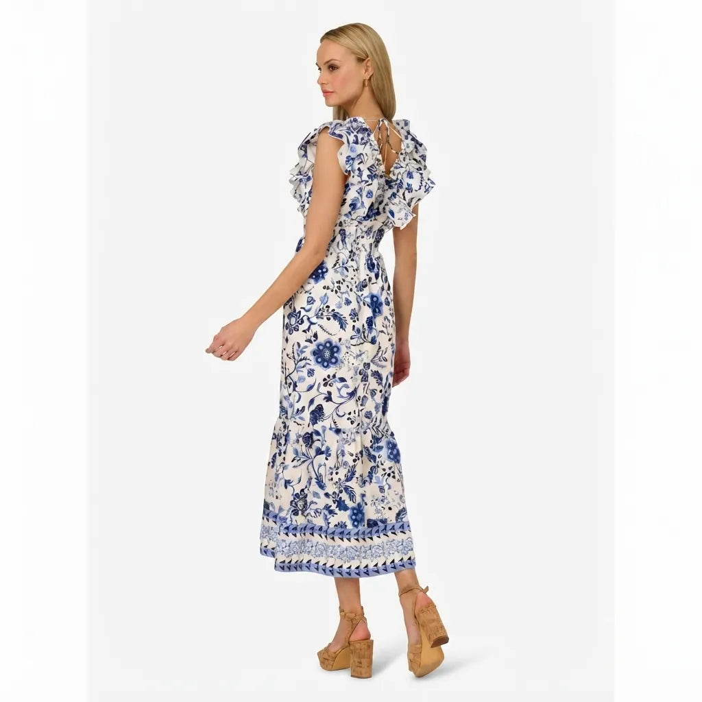 Adrianna Papell Women's White/Blue  Printed Ruffle Midi Dress