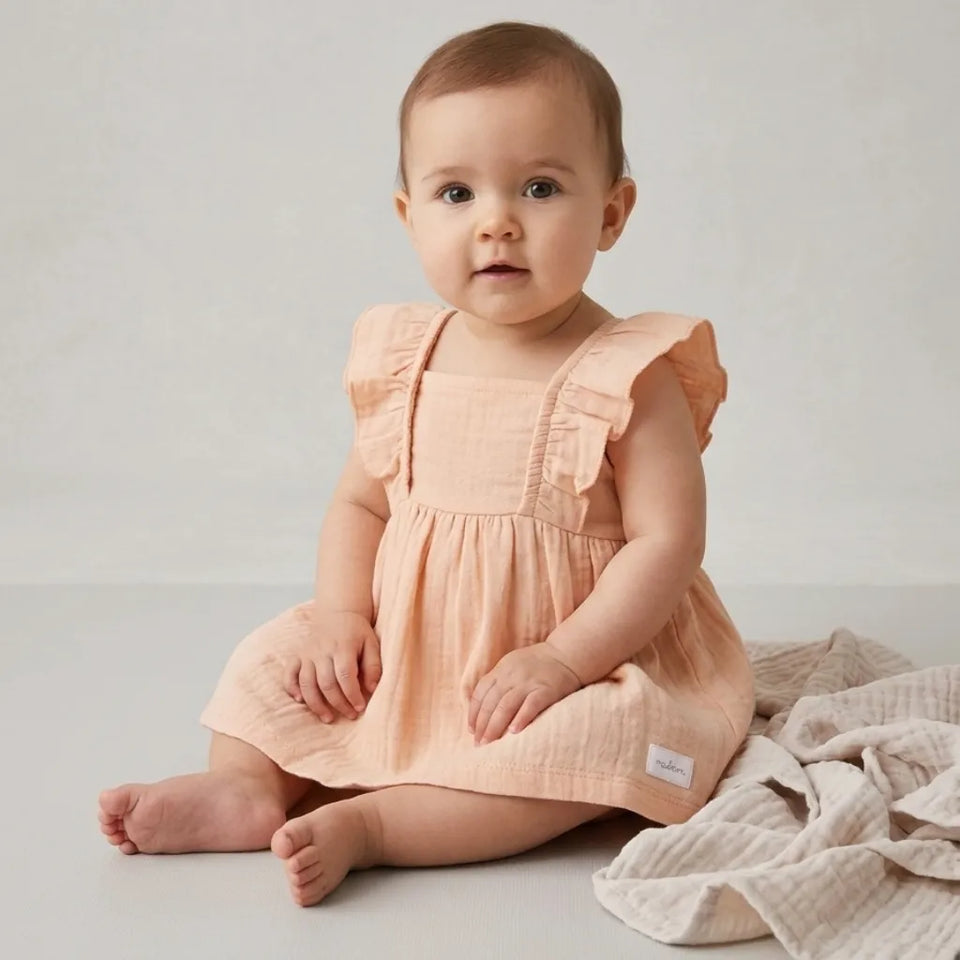 Sinsay Baby Girl's Peach Muslin Ruffle Dress Romper