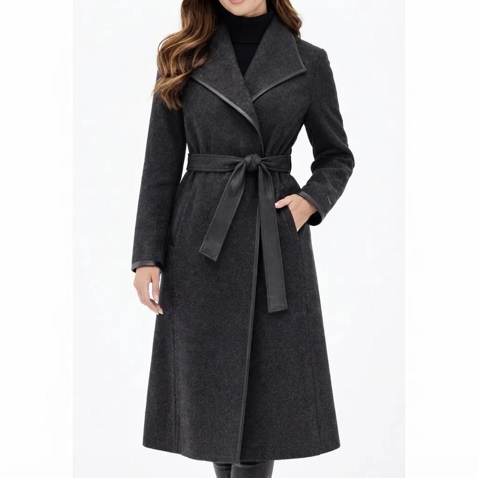 Tahari Women's Dark Gray Wool-Blend Wrap Belted Coat