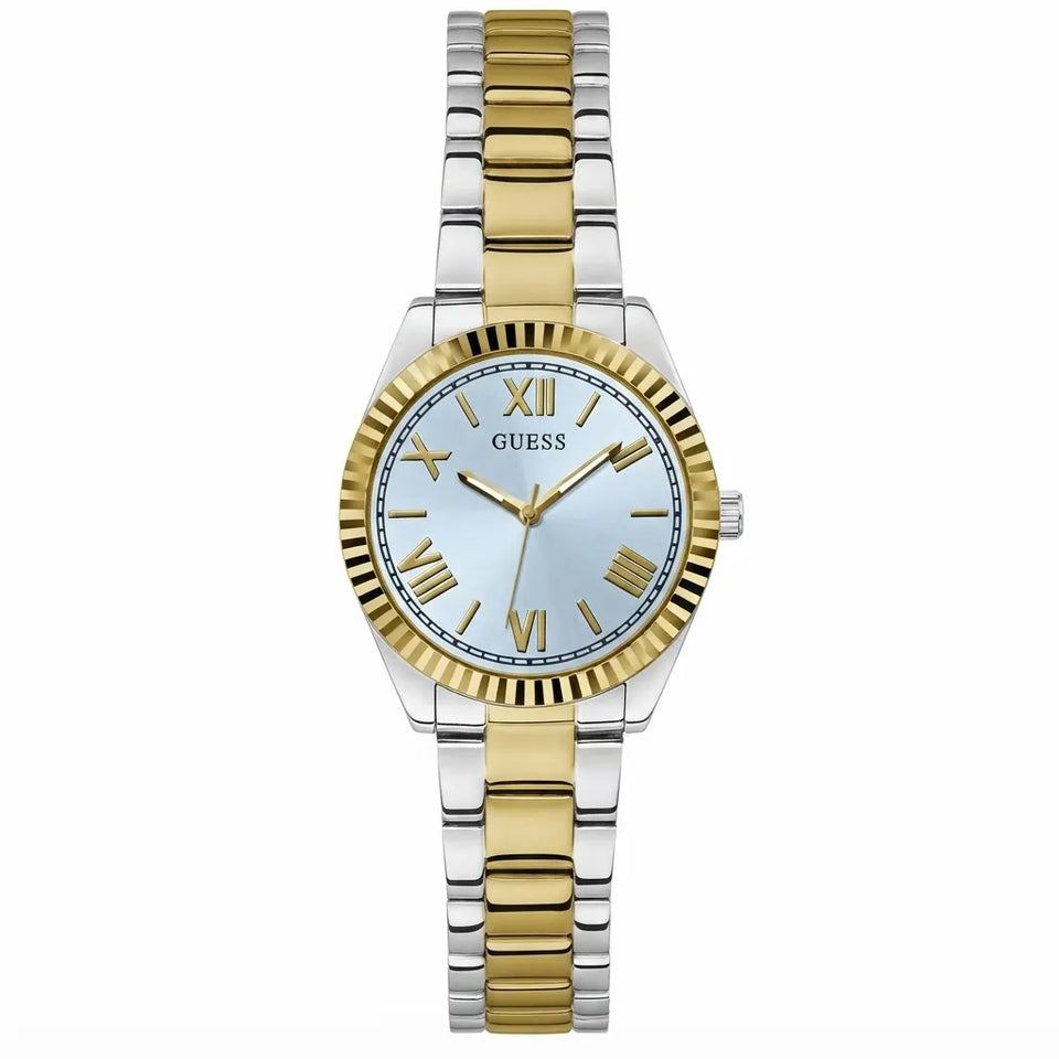 A women's two-tone Guess watch with a silver and gold metal link bracelet, a gold fluted bezel, and a light blue dial with gold Roman numerals.