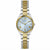 A women's two-tone Guess watch with a silver and gold metal link bracelet, a gold fluted bezel, and a light blue dial with gold Roman numerals.