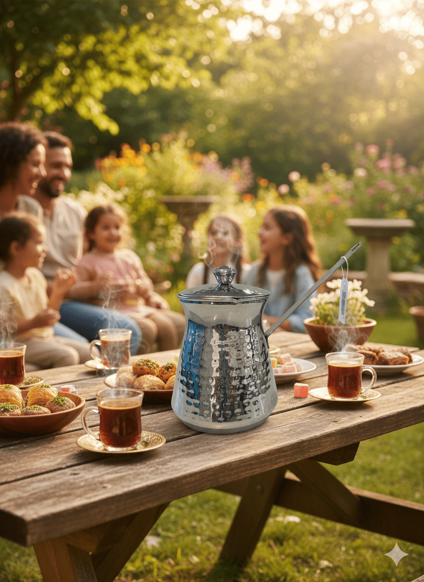 Family enjoying a picnic with coffee and pastries in a garden setting