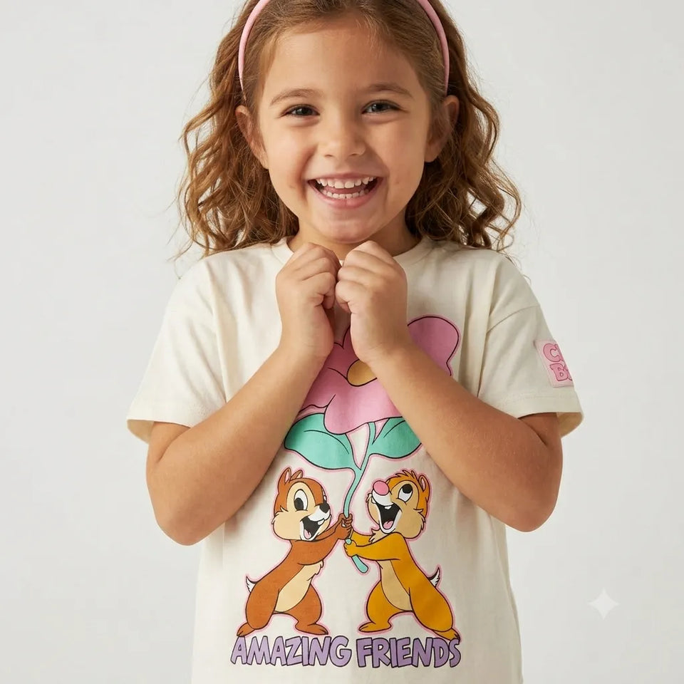 Zara Girl's White Disney Chip And Dale Holding a Pink FlowerT-Shirt| Zara in Lebanon