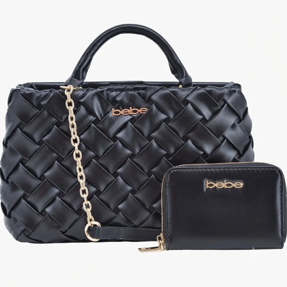 A black woven leather handbag with a top handle, gold chain strap, and a matching zip-around wallet, both featuring the 'bebe' logo in gold-tone lettering, set against a plain white background.