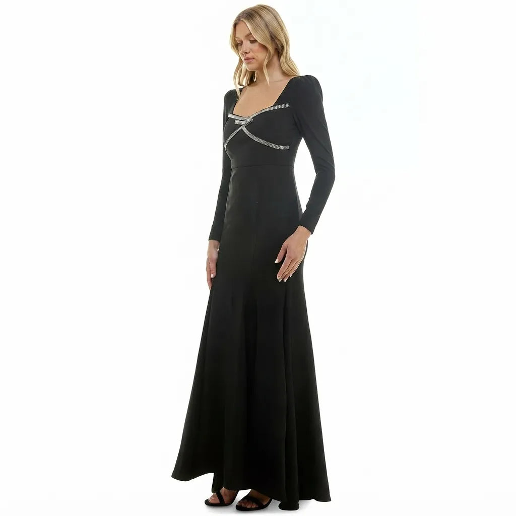 Taylor Women's Black Rhinestone-Trim Long-Sleeve Gown Dress