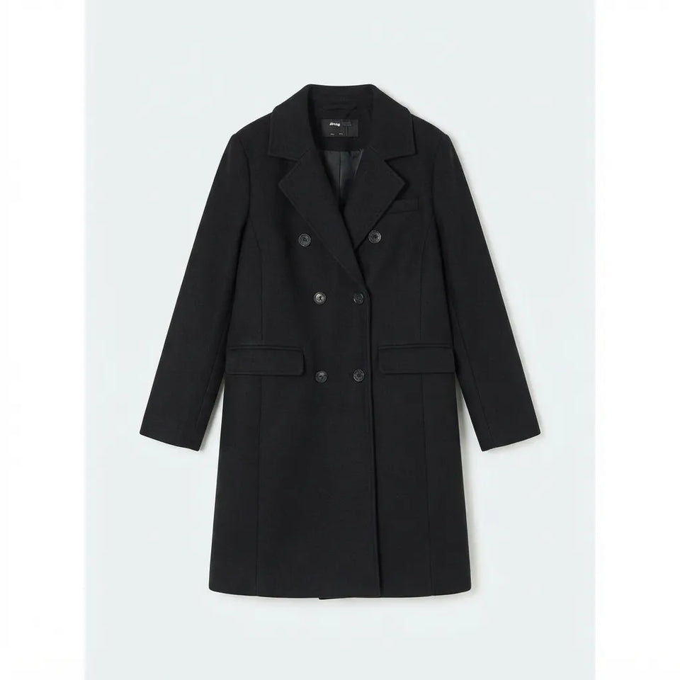 A black double-breasted coat with notch lapels and dark buttons, displayed flat against a light gray background.