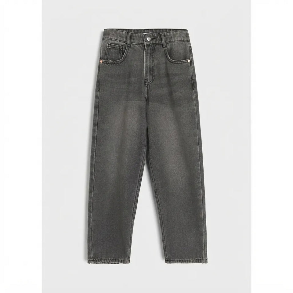 A pair of dark gray washed denim jeans shown flat against a light gray background.