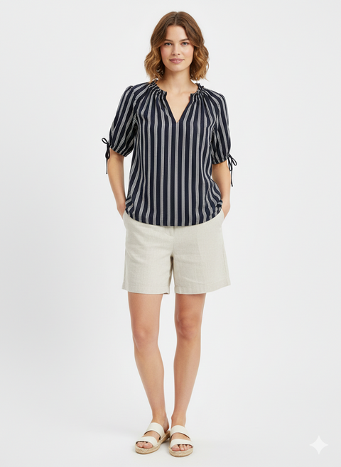 Tommy Hilfiger Women Navy Blue Vertical Striped V-Neck Blouse | Tommy Hilfiger in Lebanon