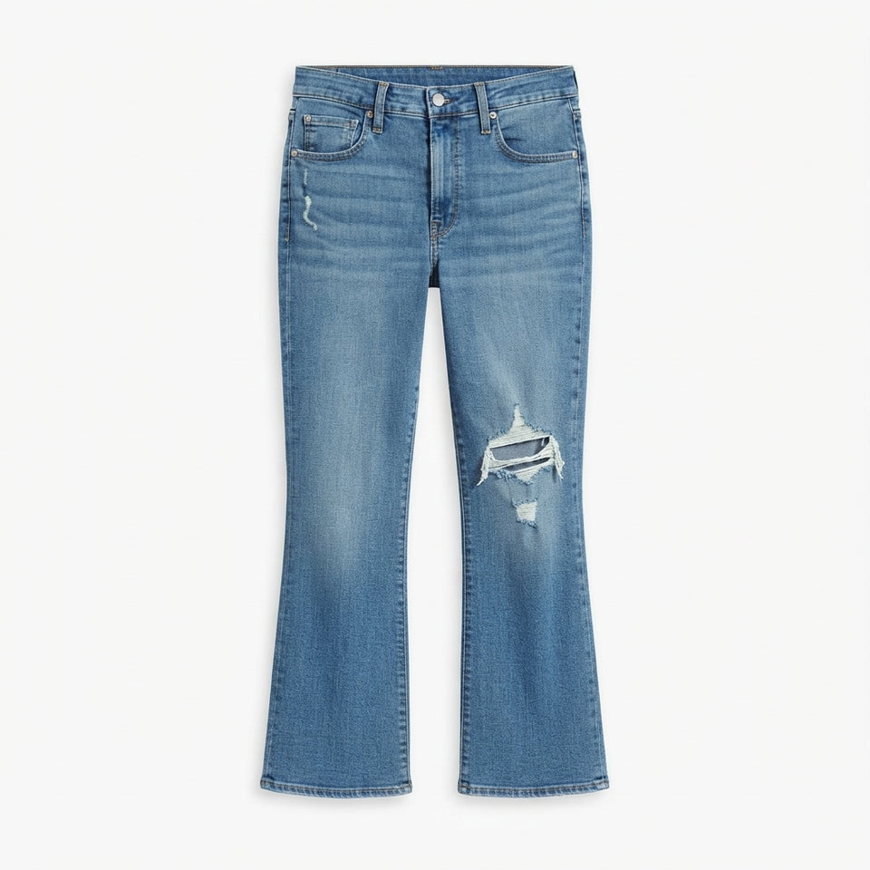 Light blue distressed flare jeans with a ripped detail on the left thigh, shown flat against a light off-white background.