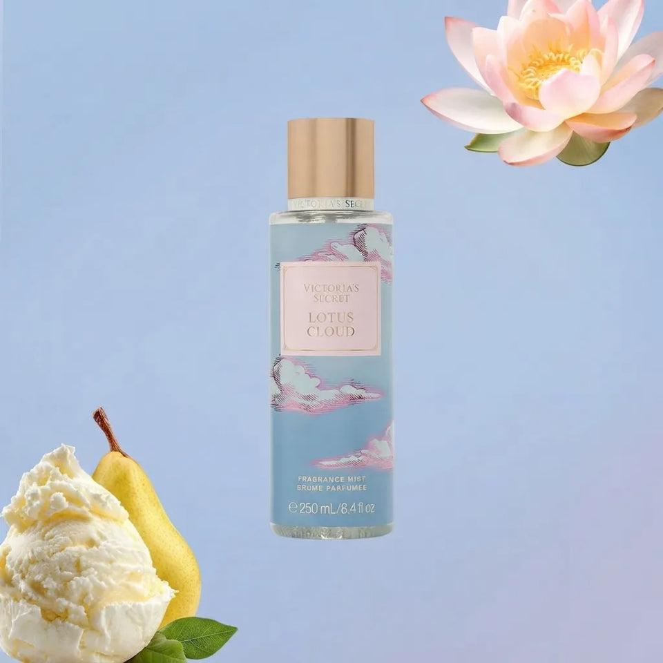 Victoria's Secret Lotus Cloud FrAGRANCE MIST bottle with a gold cap and light blue label, set against a soft blue background with decorative pear, ice cream, and lotus flower illustrations.