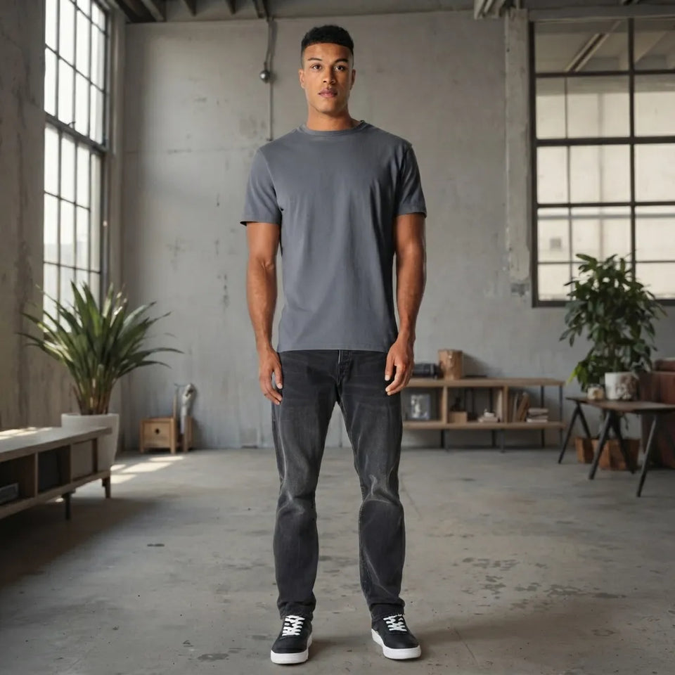 A man wearing a gray crewneck t-shirt, dark gray washed jeans, and black sneakers with white soles, standing in a modern industrial loft with concrete floors and large windows.