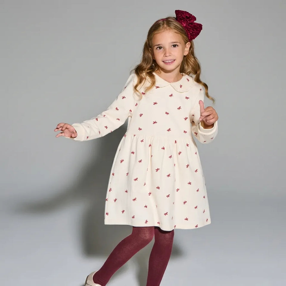 Sinsay Girl's Beige Long Sleeve Featuring A Red Bow Print Dress