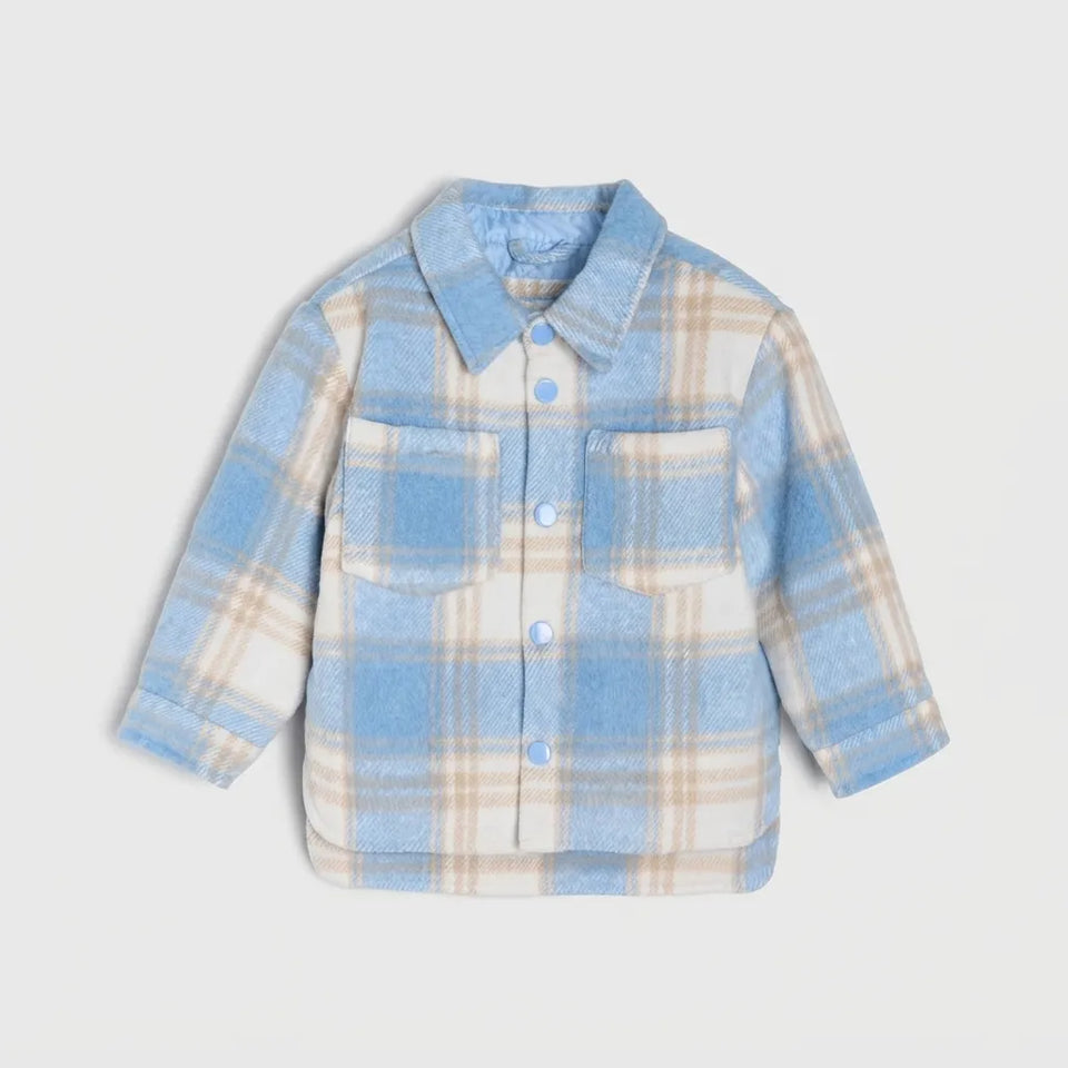 A children's long-sleeve plaid button-up shirt jacket in light blue, cream, and beige, shown flat against a light gray background.