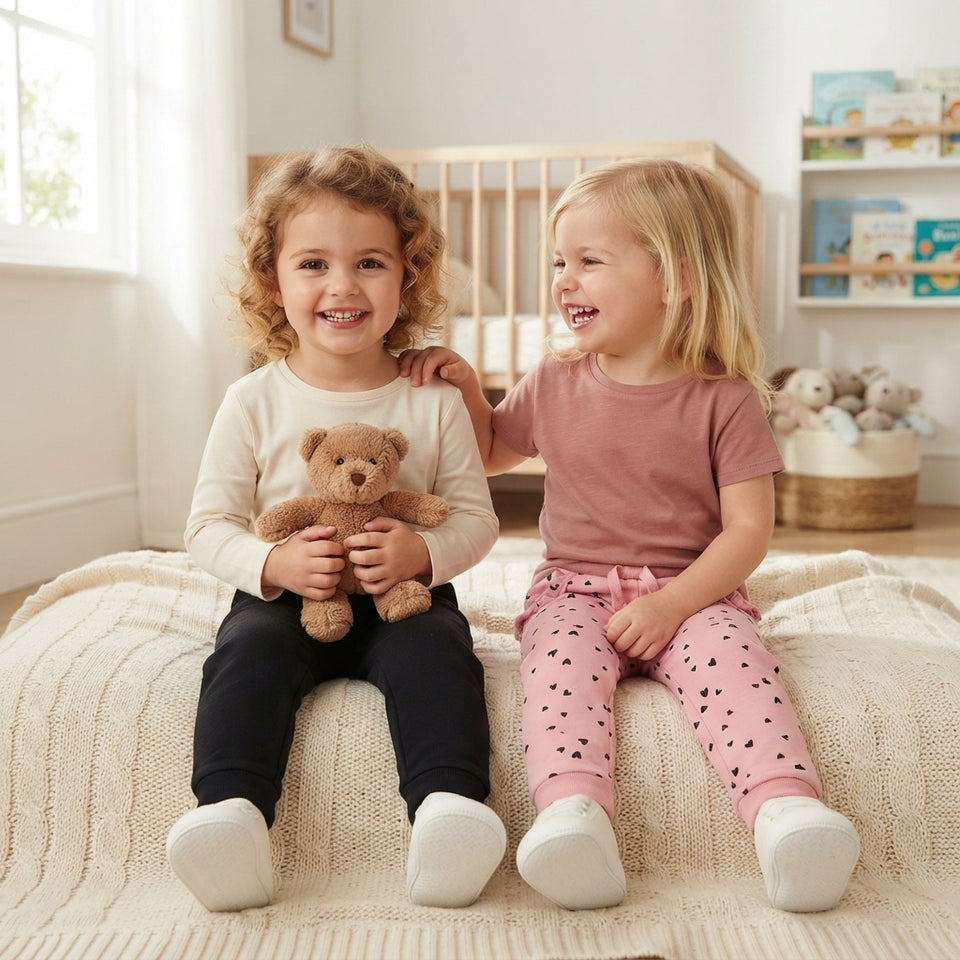 Two young children sitting on a cream knit bed in a bright nursery, wearing matching pajama sets. The child on the left wears a cream long-sleeve top and black pants, holding a brown teddy bear.