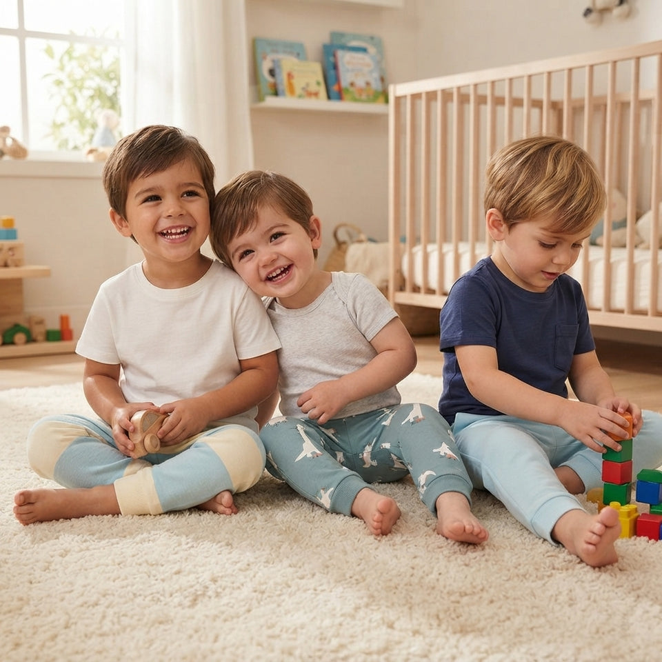 Three young children sitting on a fluffy cream carpet in a bright nursery, wearing matching light blue and white pajama pants with different t-shirts. One child is holding a wooden block.