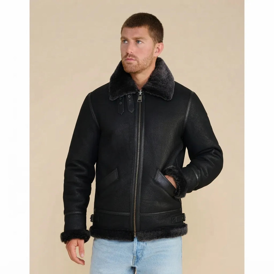 Furniq UK Men's Black Frederick Shearling Aviator Jacket
