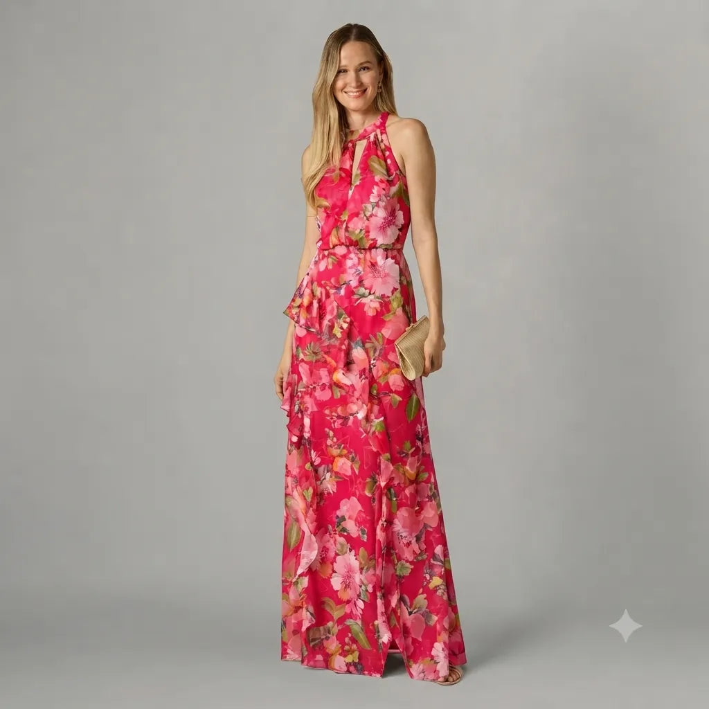 A woman modeling a sleeveless, high-neck, floor-length floral dress in vibrant pink and red tones with green leaves, set against a solid gray studio background.