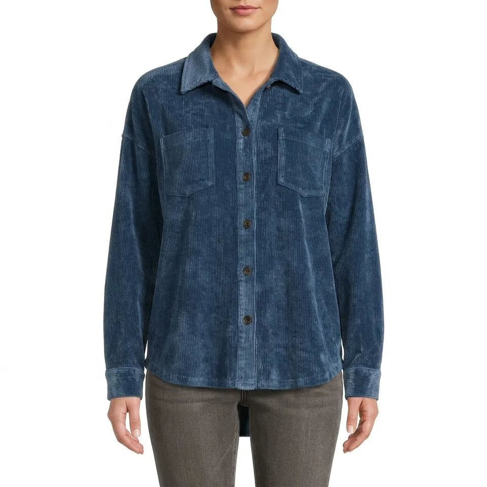 Weatherproof Women’s Blue Long Sleeve Button Up Velvet Ribbed Shirt