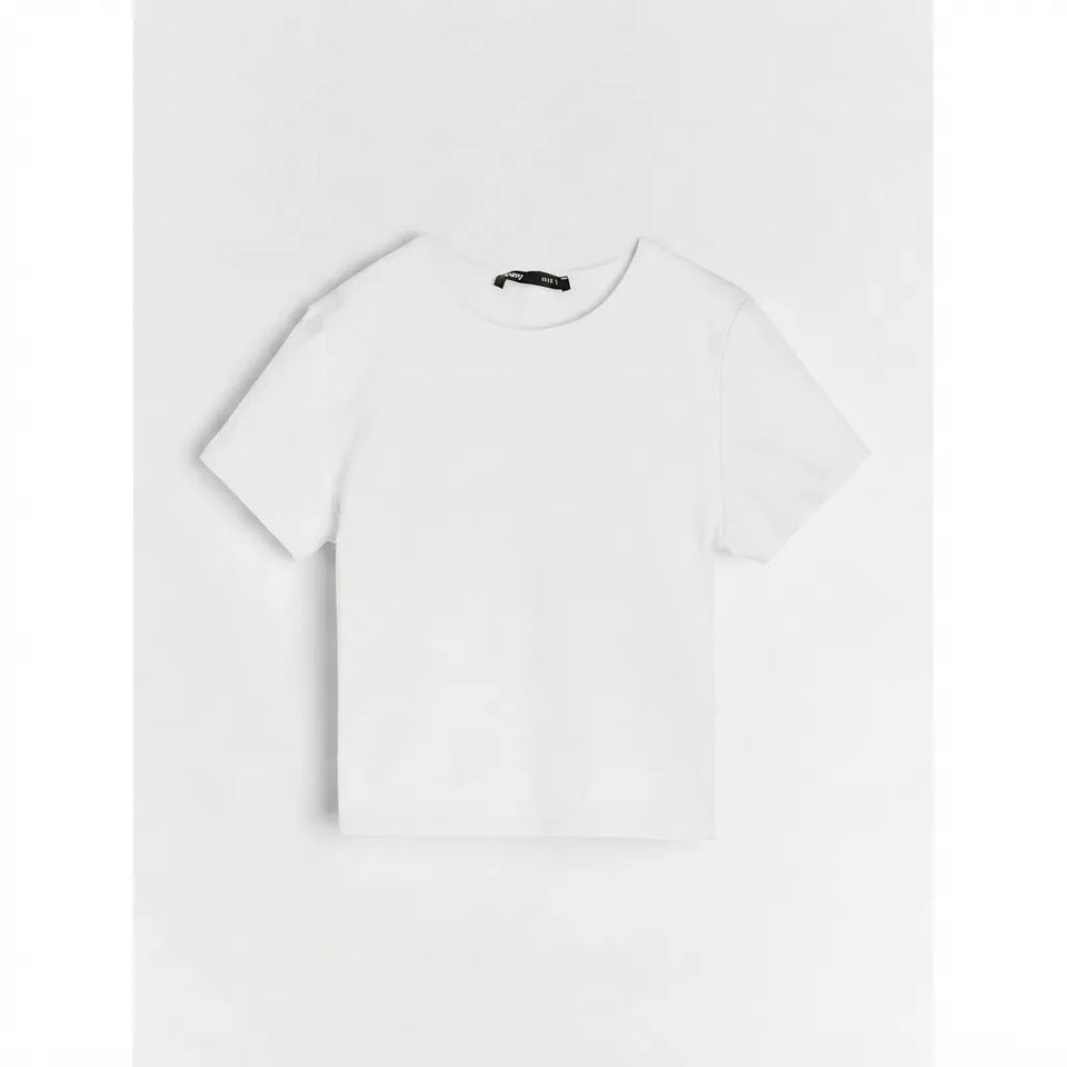 A plain white short-sleeve crewneck t-shirt laid flat against a light gray background.