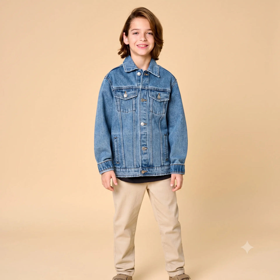 A young boy wearing a classic blue denim jacket, beige pants, and brown shoes, standing against a solid beige studio background.