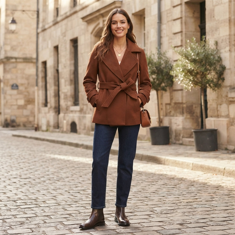 A woman stands on a cobblestone street wearing a brown belted wrap coat, dark blue jeans, and brown ankle boots, with a small brown handbag and necklace.