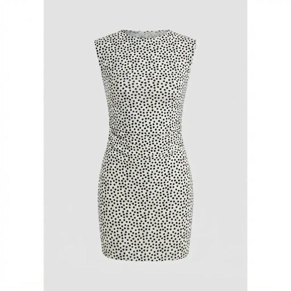 A sleeveless bodycon mini dress with an all-over black polka dot pattern on a white background, shown against a solid light gray backdrop.