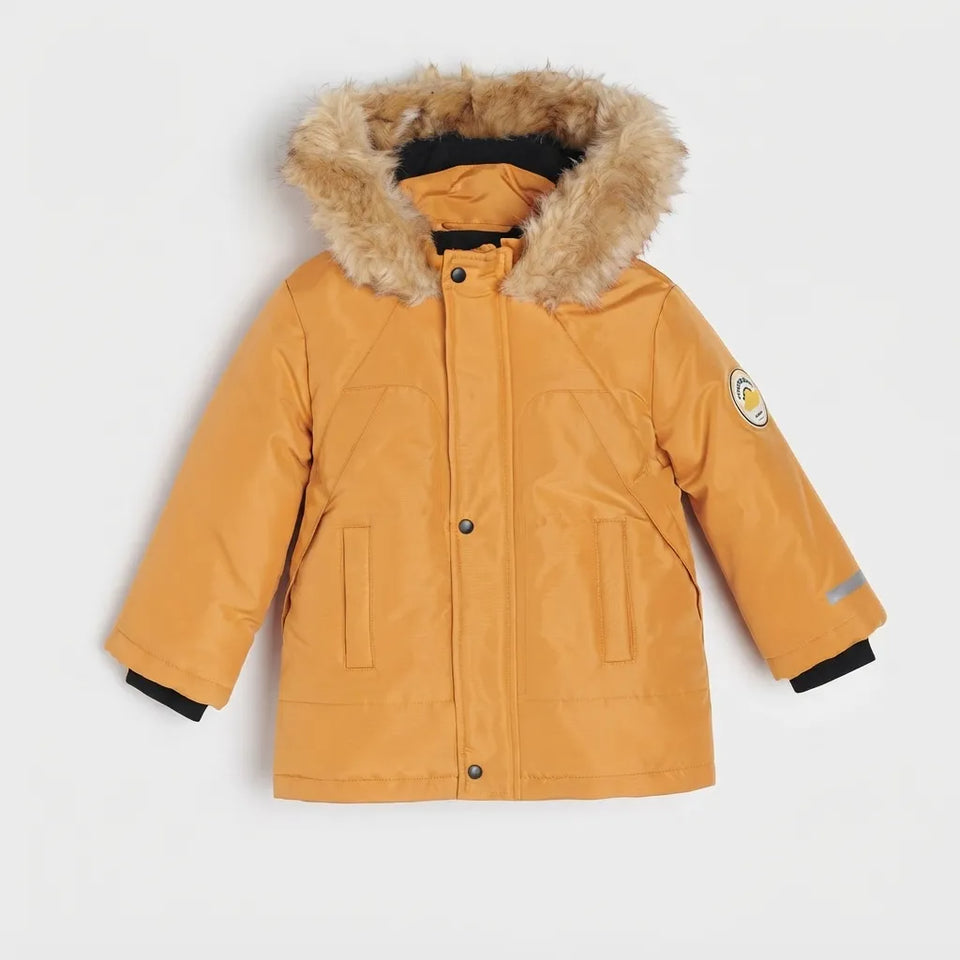 A mustard yellow children's parka jacket with a faux fur trimmed hood, shown flat against a light gray background.