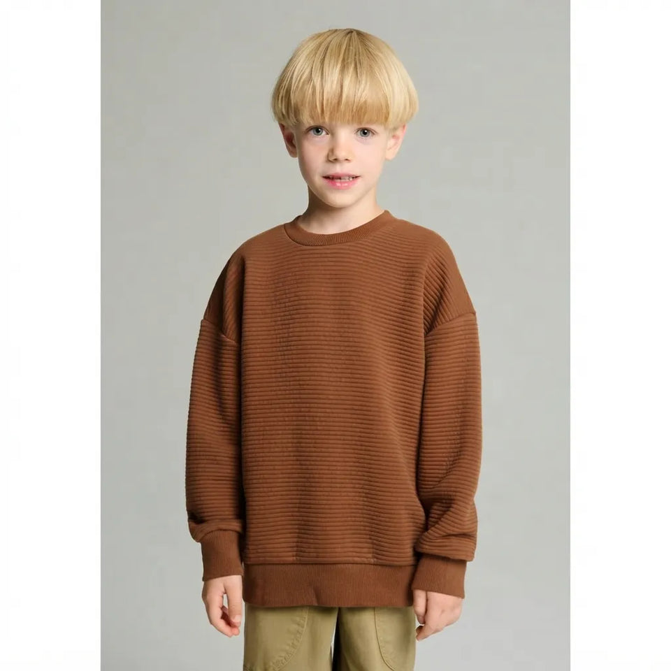 A young boy with blonde hair wearing a brown ribbed knit crewneck sweatshirt and khaki pants, standing against a neutral gray background.