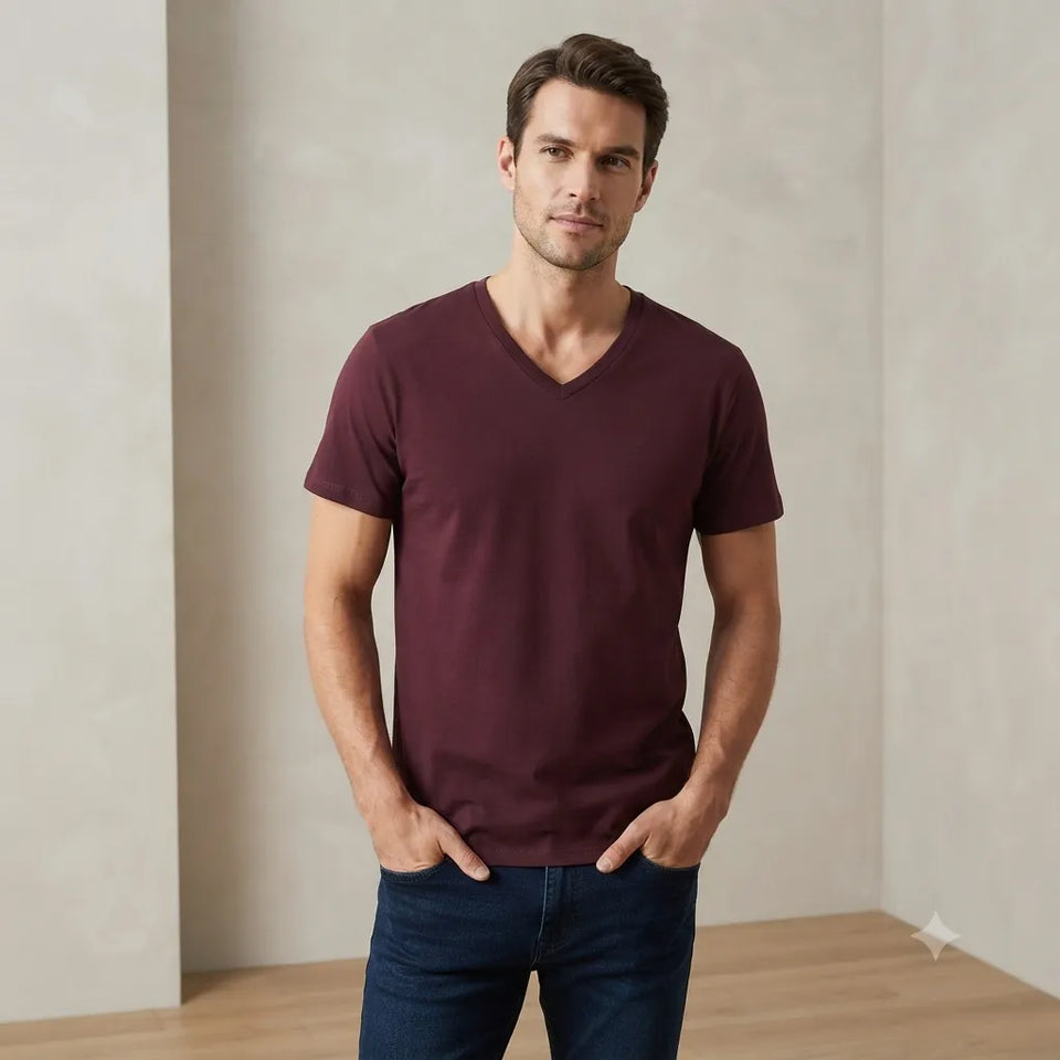 A man wearing a short-sleeve V-neck t-shirt in burgundy and dark blue jeans, standing in a minimalist room with beige walls and a light wood floor.