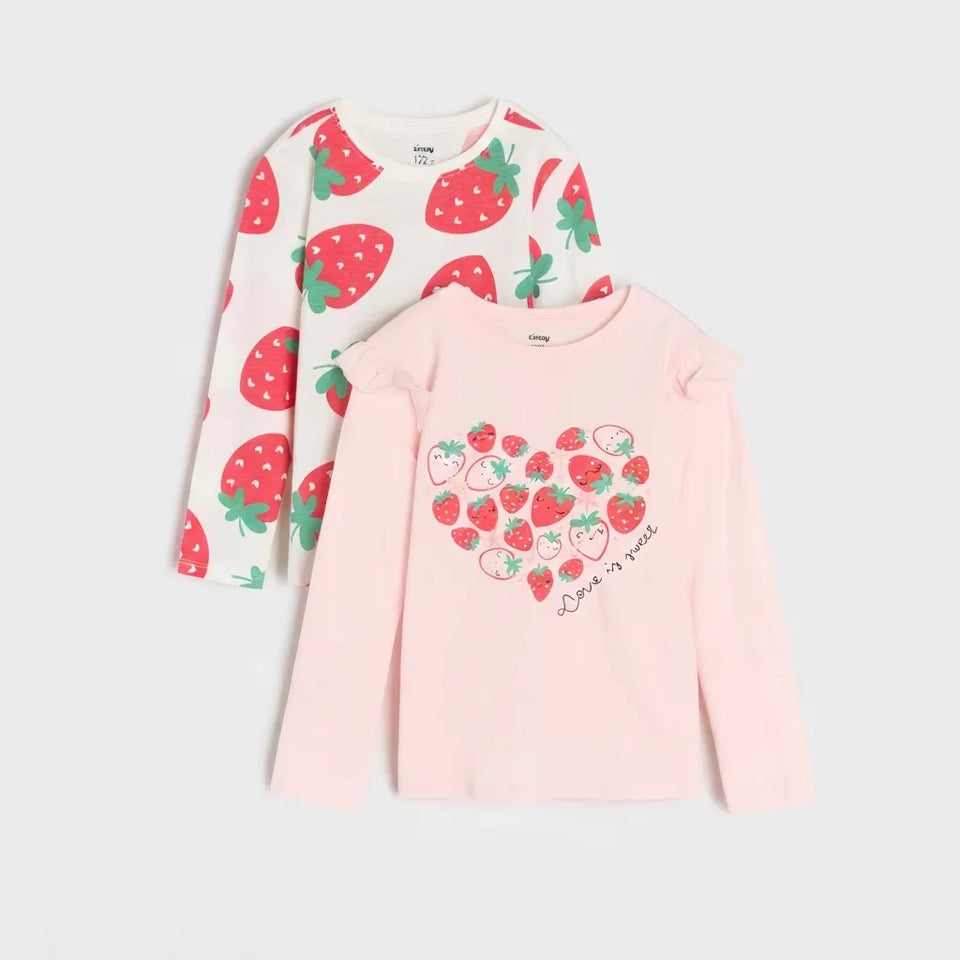 Sinsay Girl's Light Pink & White 2-Pack Strawberry Print Crewneck Blouse