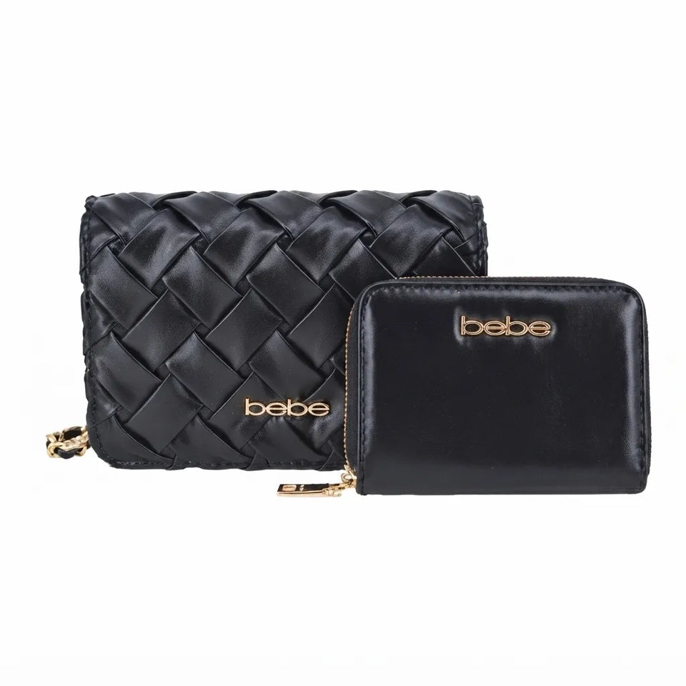 A black woven leather clutch bag with a matching zip-around wallet, both featuring gold-tone hardware and the 'bebe' logo, set against a plain white background.
