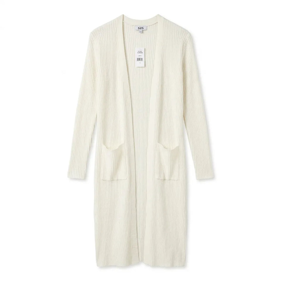 525 Women's Cream Ribbed Knit With Pockets And Side Slits Long Cardigan