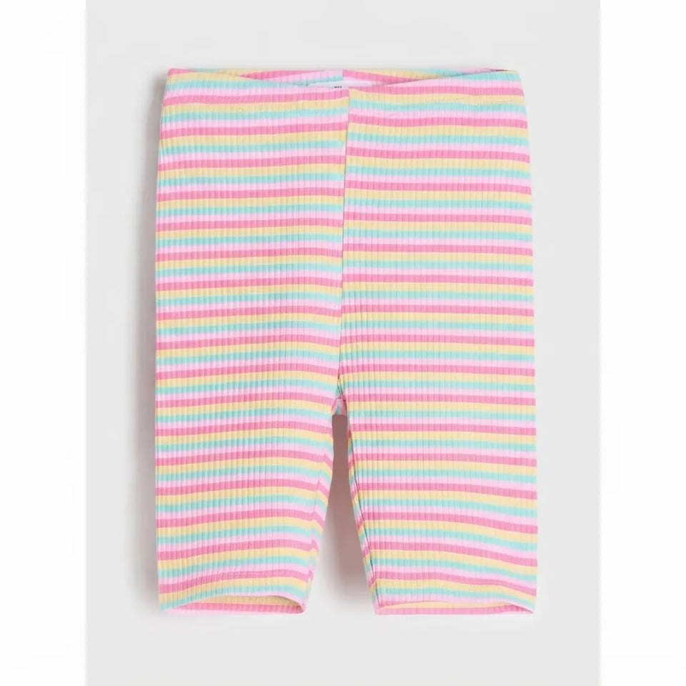 A pair of children's ribbed knit leggings with horizontal pastel stripes in pink, yellow, green, blue, and white, shown flat against a light gray background.