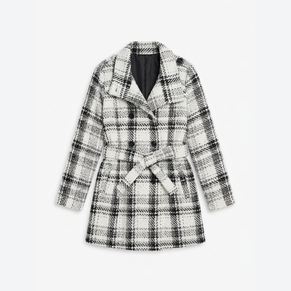 BCX Women's Black And White Plaid Belted Coat