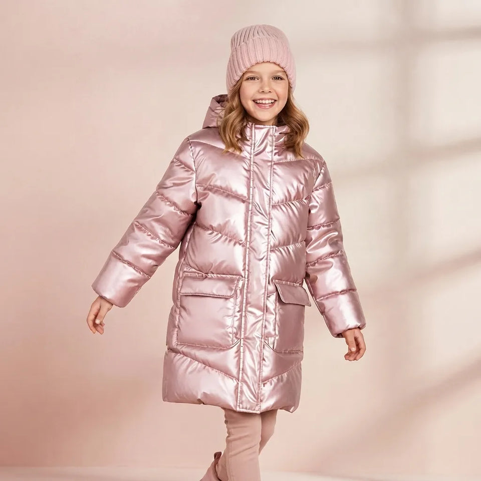 Sinsay Girl's Shiny Metallic Pink Puffer Hooded Jacket