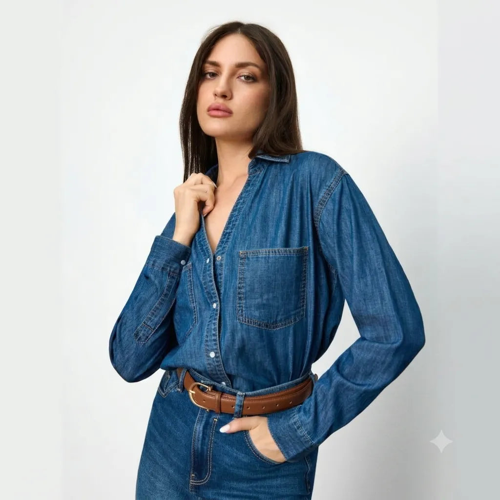 A woman wearing a blue denim long-sleeve button-up shirt and matching denim bottoms, styled with a brown belt, against a plain light gray studio background.