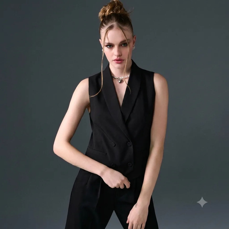 A woman modeling a black sleeveless double-breasted vest with matching black trousers, styled with layered silver necklaces against a dark gray studio background.