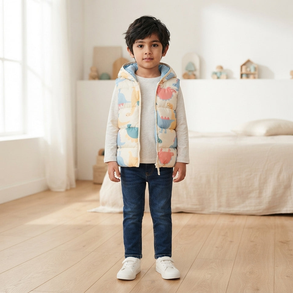 A young boy stands in a bright, modern bedroom wearing a light gray long-sleeve puffer vest with a colorful dinosaur print, blue jeans, and white sneakers.