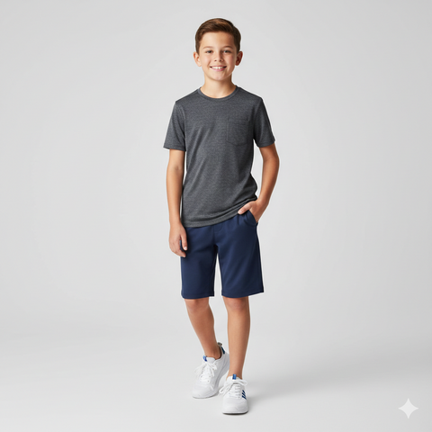Child wearing a gray t-shirt and navy shorts on a white background