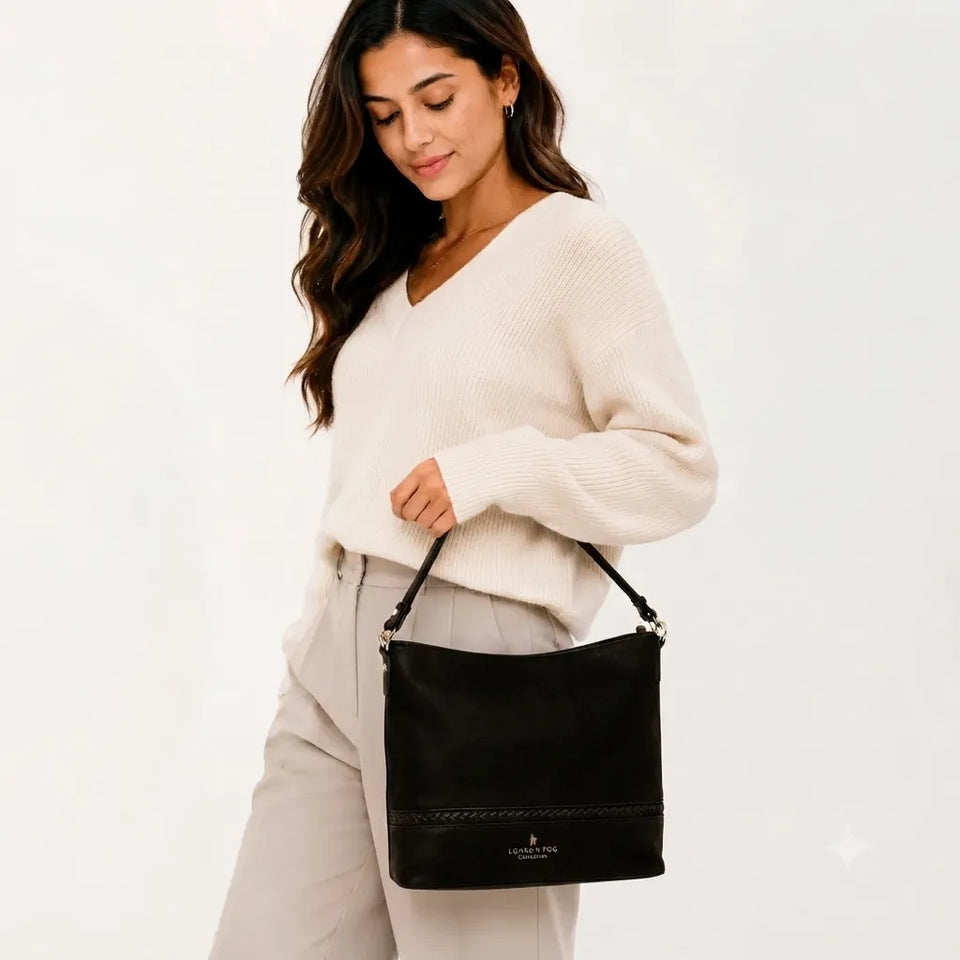 London Fog Women's Black Elena Faux Suede Hobo Tote Bag