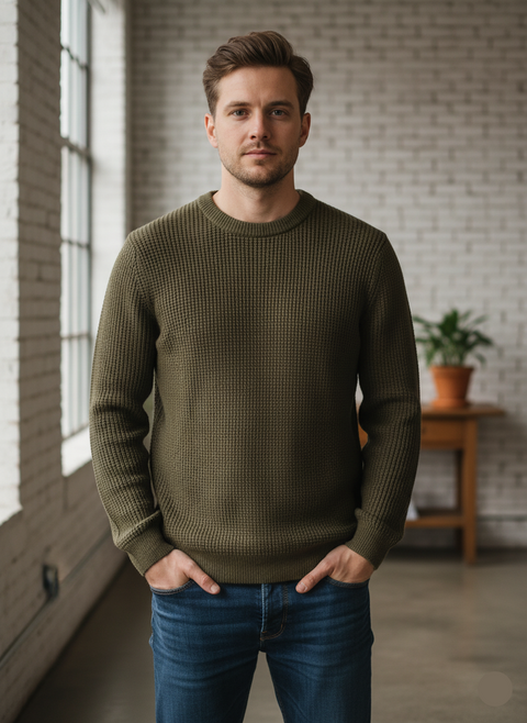 Jack & Jones Men's Olive Green Knitted Ribbed Crew Neck Sweatshirt |Jack & Jones In Lebanon