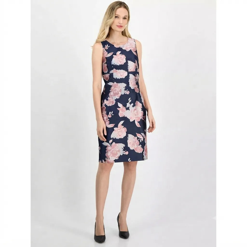 Kasper Women's Navy  Floral Jacquard Empire-Seam Sheath Dress