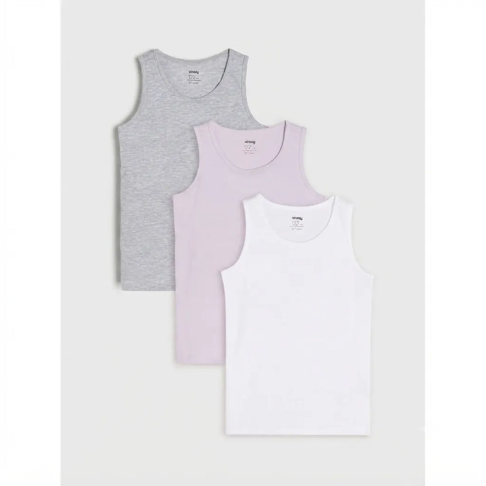 Three sleeveless tank tops in heather gray, light pink, and white, arranged in a stacked overlapping layout on a light gray background.