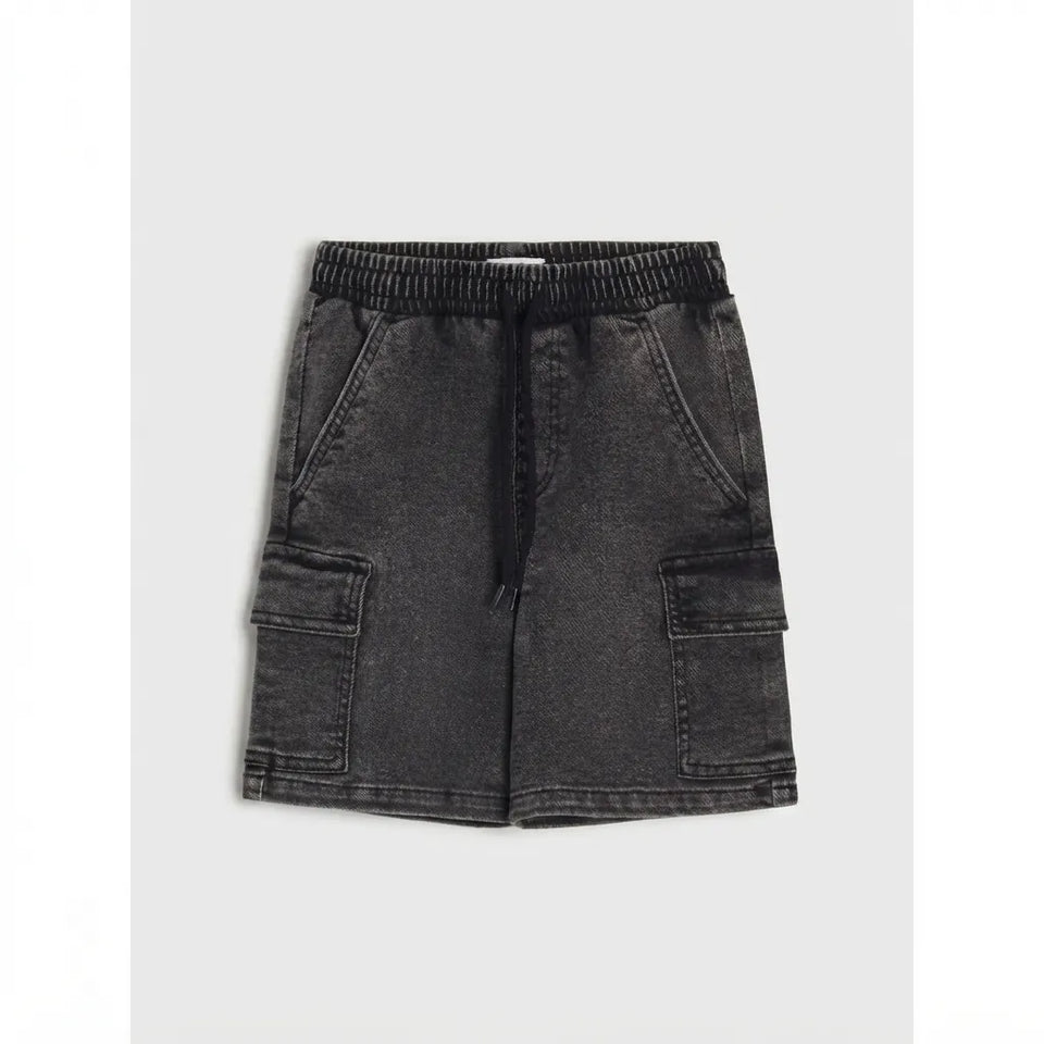 Black washed denim cargo shorts with an elastic drawstring waist, displayed flat against a light gray background.
