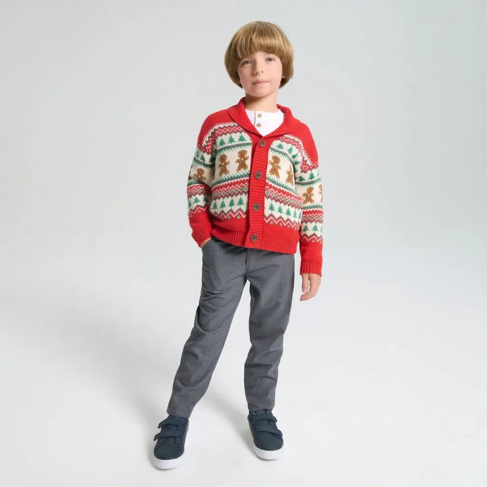 Sinsay Boy's Red Ginger Bread Fair Isle Pattern Cardigan