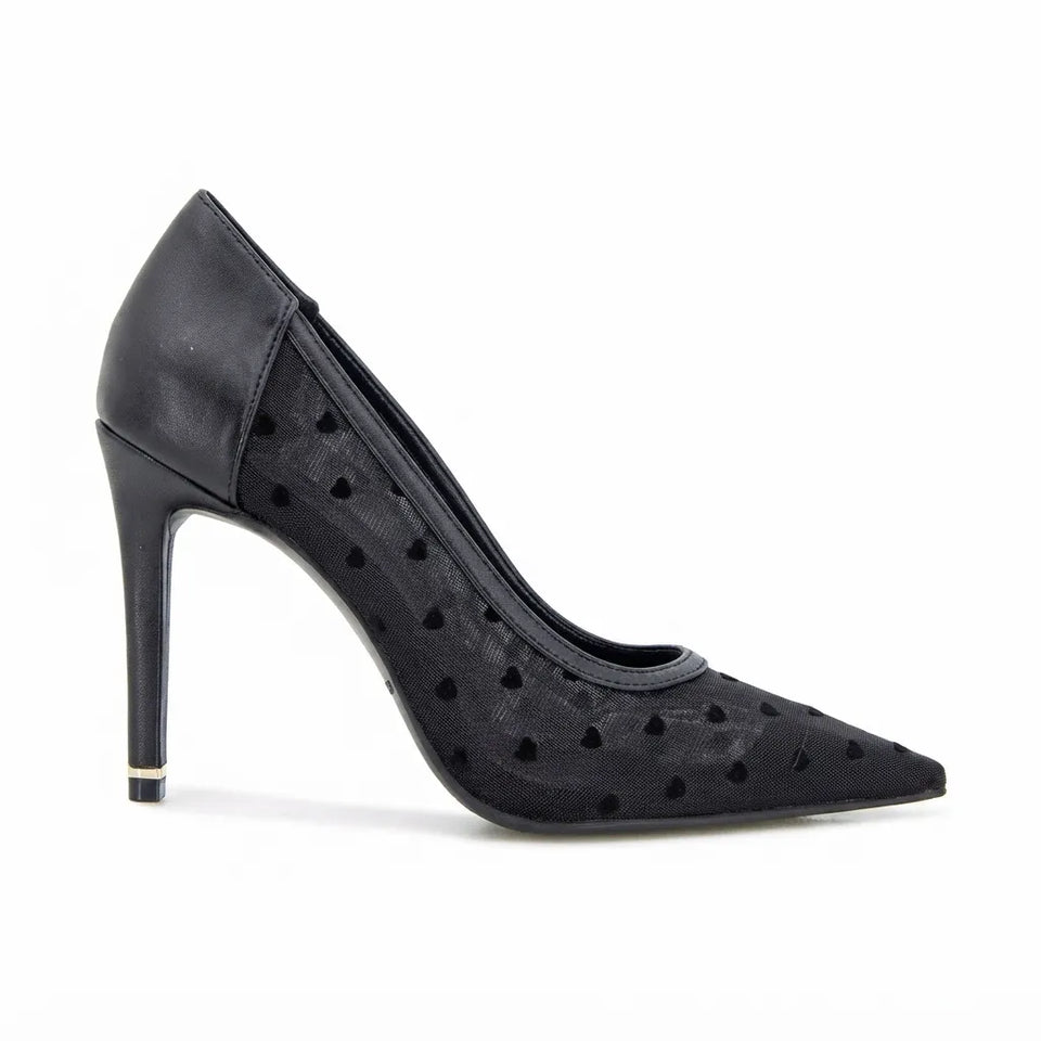A single black pointed-toe high heel pump with a textured upper featuring small heart-shaped cutouts, shown from a side profile on a white background.