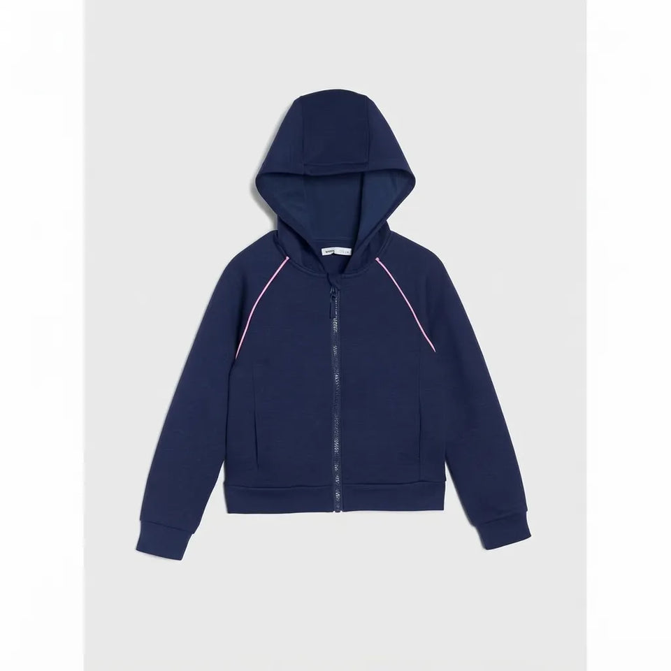 A navy blue zip-up hoodie with pink contrast piping details on the shoulders, displayed flat against a light gray background.