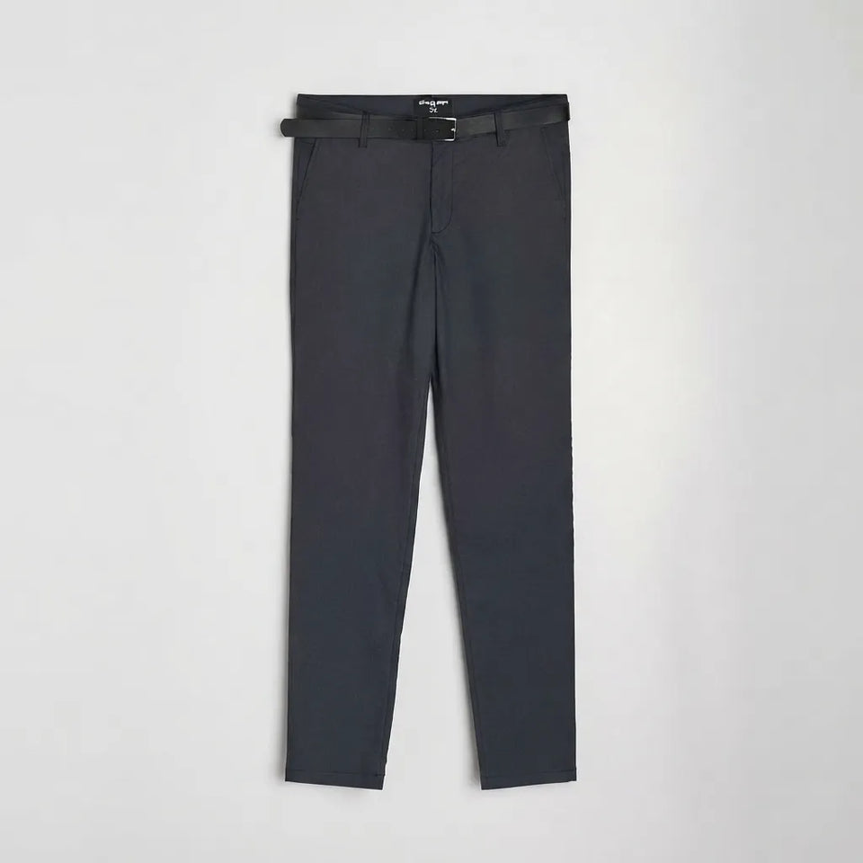 A pair of dark charcoal gray slim-fit trousers with a matching black belt, displayed flat against a light gray background.