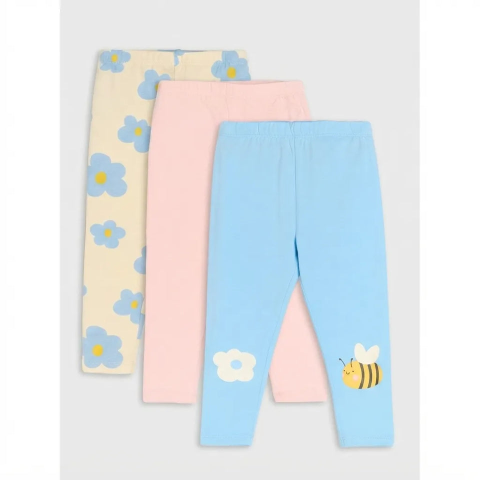 Sinsay Baby Girl's Multicolor Floral & Bumblebee Prints 3-Pack Cotton Leggings