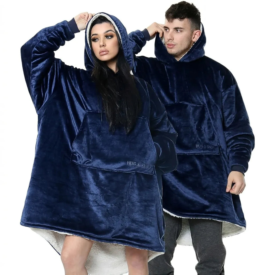 The Oodie Unisex Adult Navy Sherpa Fleece Oversized Hooded Blanket Pajama Top